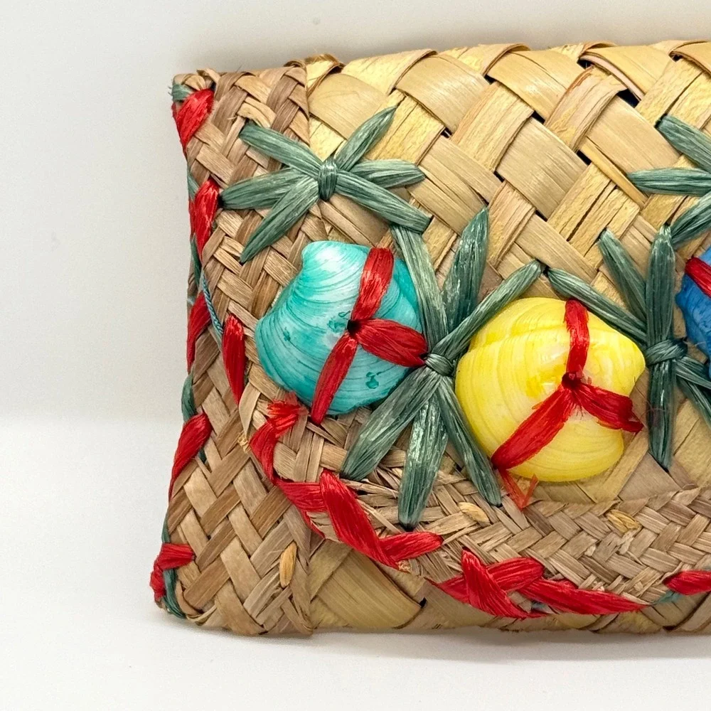 VTG Handwoven‎ Straw Raffia Shell Coin Purse Women Small Tan Multicolor Retro